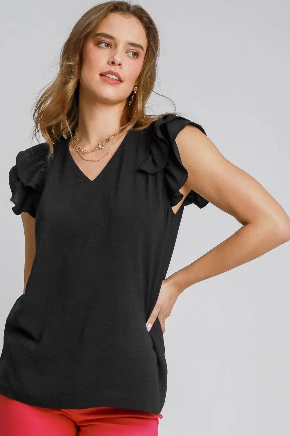 Umgee Full Size V-Neck Double Layered Ruffle Sleeve Blouse Plus Size - Velveta Studio