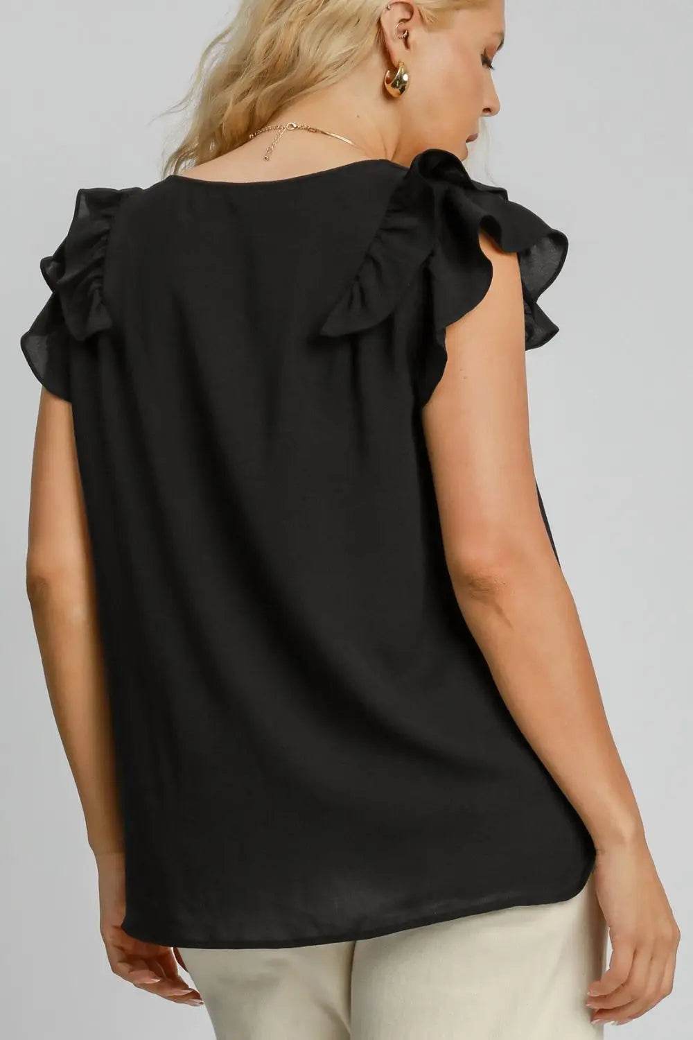 Umgee Full Size V-Neck Double Layered Ruffle Sleeve Blouse Plus Size - Velveta Studio