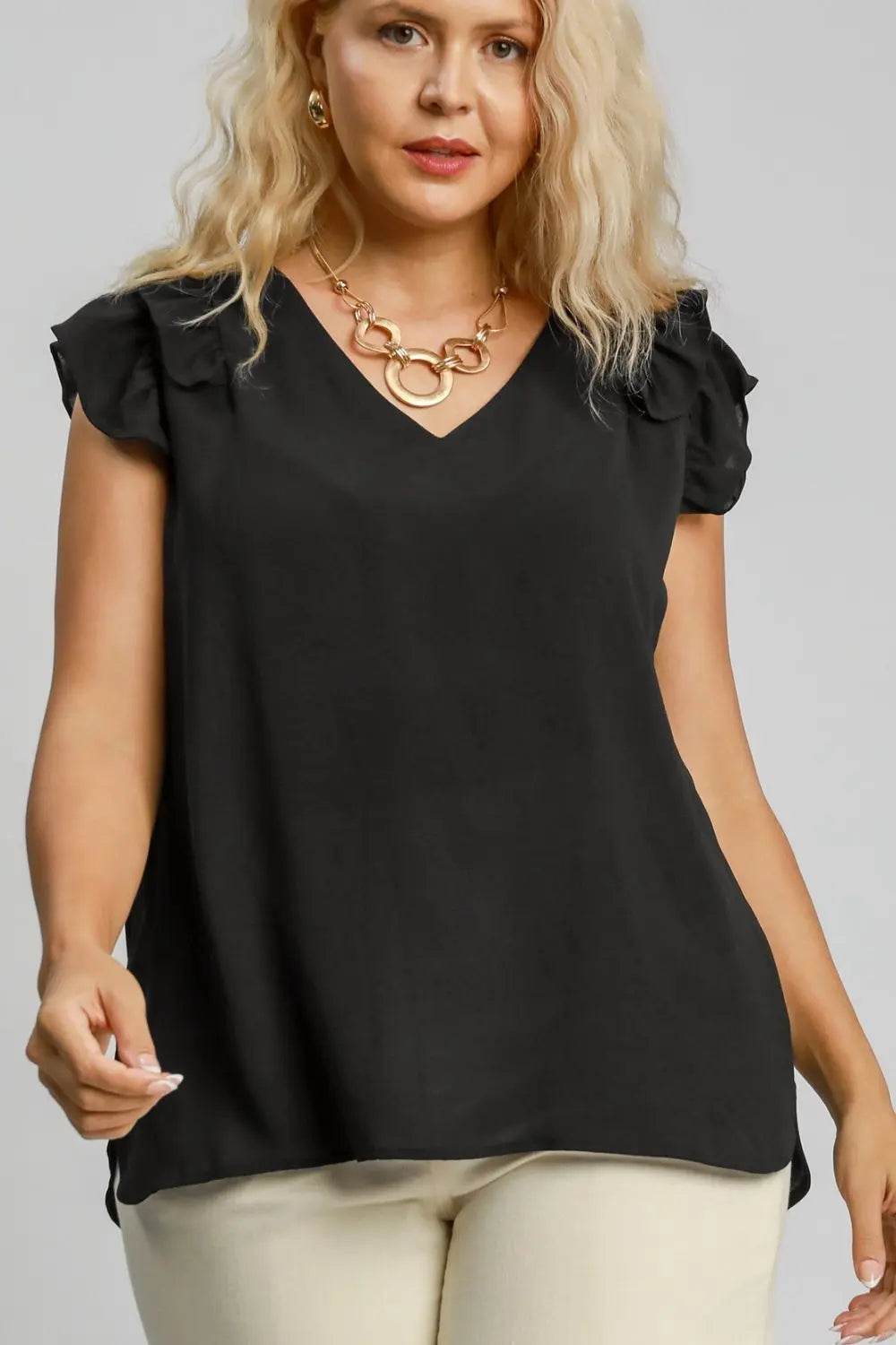 Umgee Full Size V-Neck Double Layered Ruffle Sleeve Blouse Plus Size - Velveta Studio