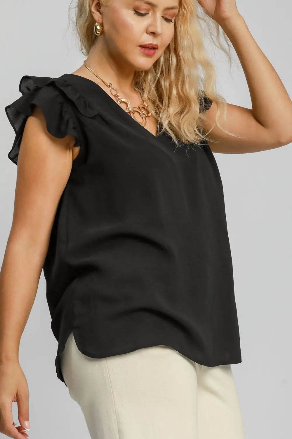 Umgee Full Size V-Neck Double Layered Ruffle Sleeve Blouse Plus Size - Velveta Studio