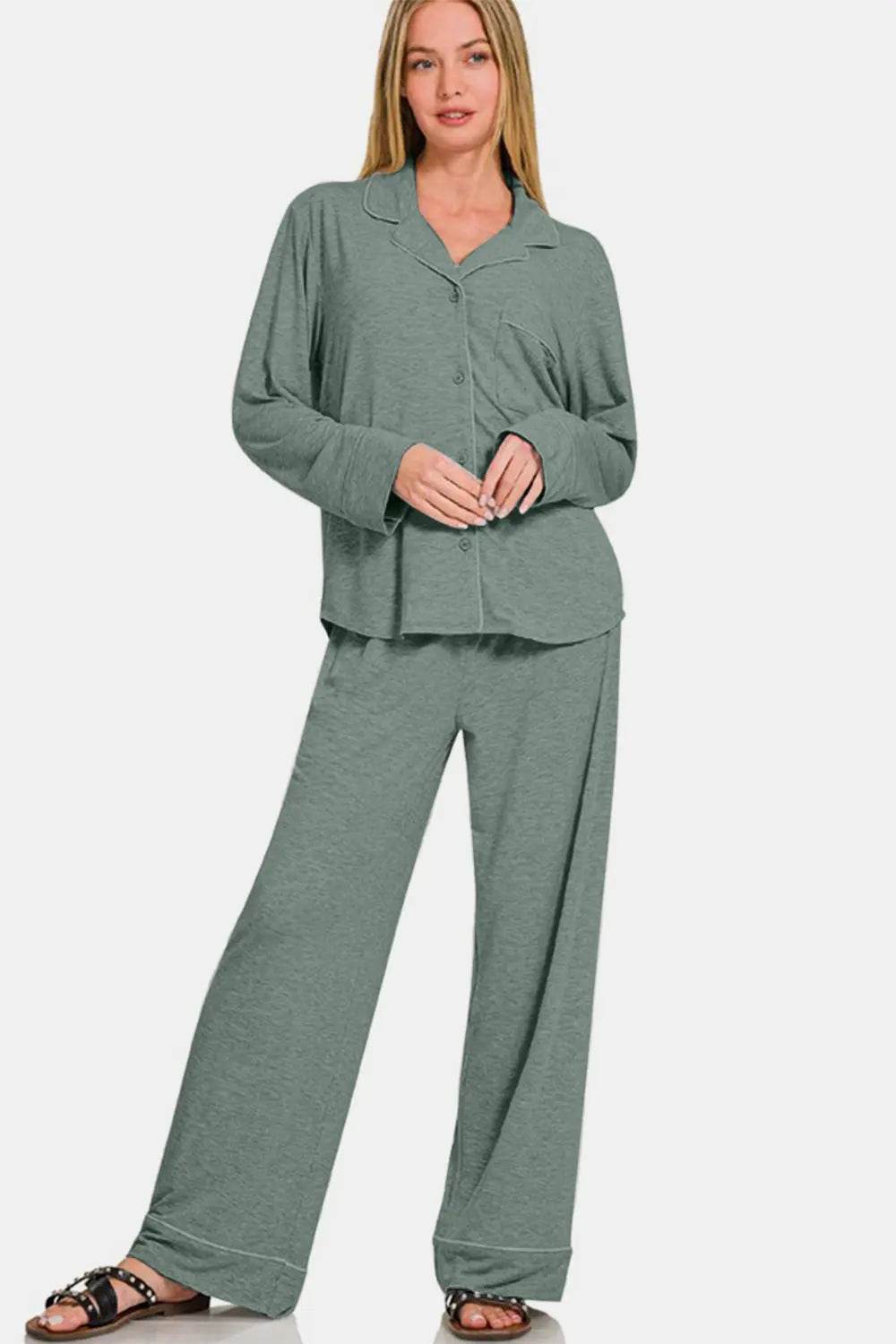 Zenana Button Down Long Sleeve Top and Pants Lounge Set - Velveta Studio