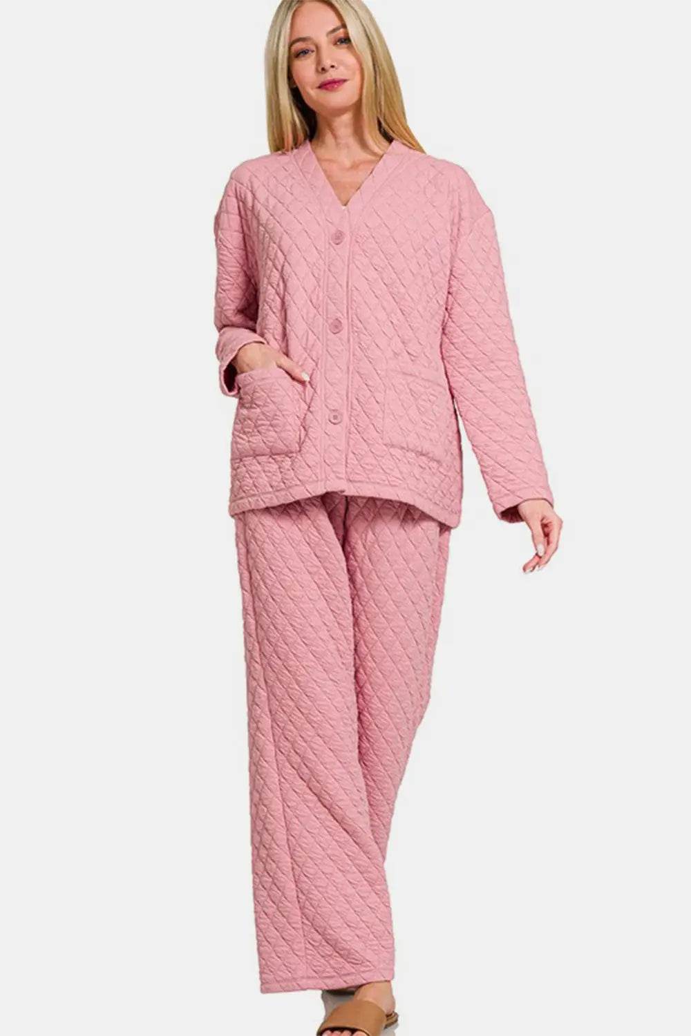 Zenana Quilted Button Up Long Sleeve Top and Pants Lounge Set - Velveta Studio