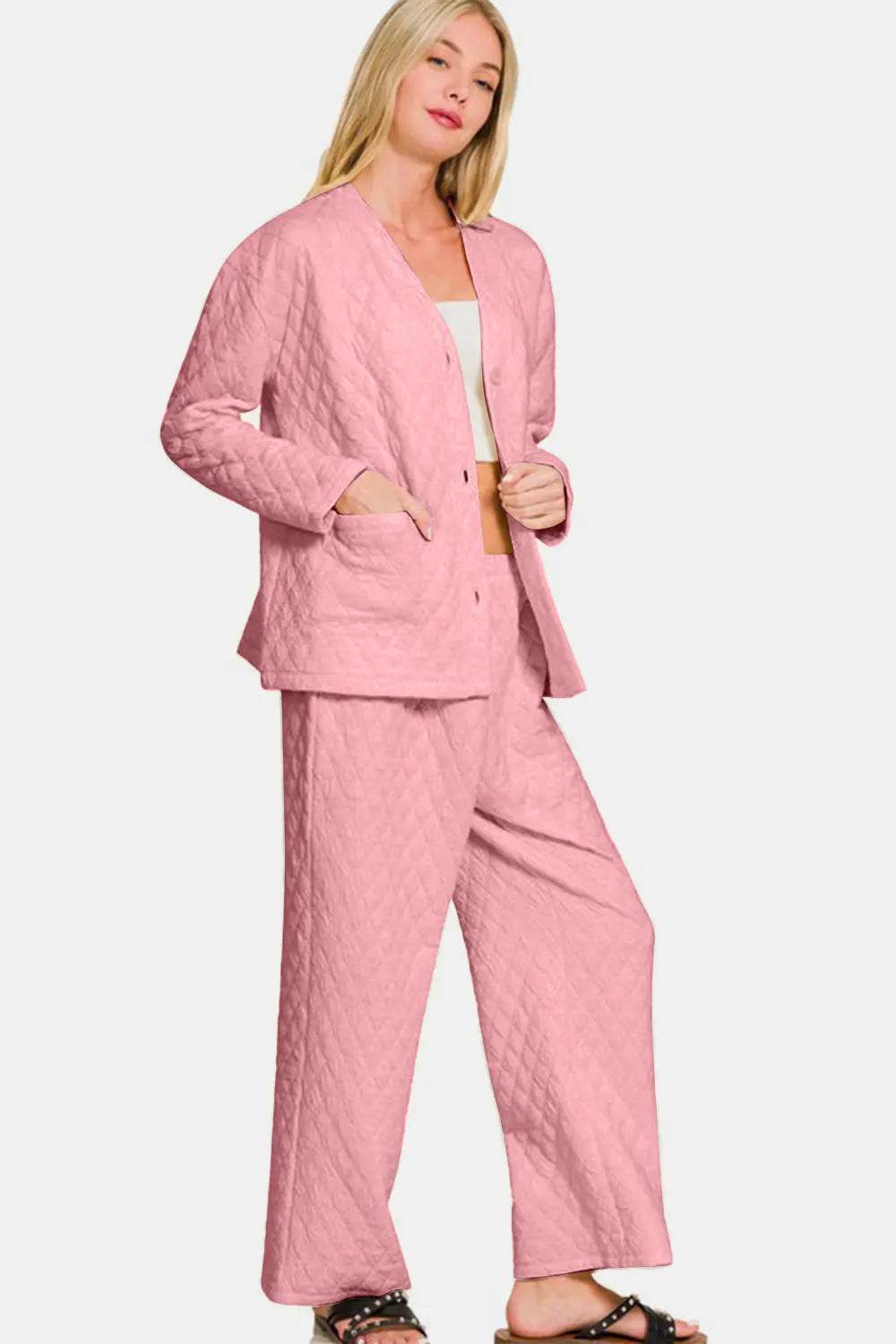 Zenana Quilted Button Up Long Sleeve Top and Pants Lounge Set - Velveta Studio