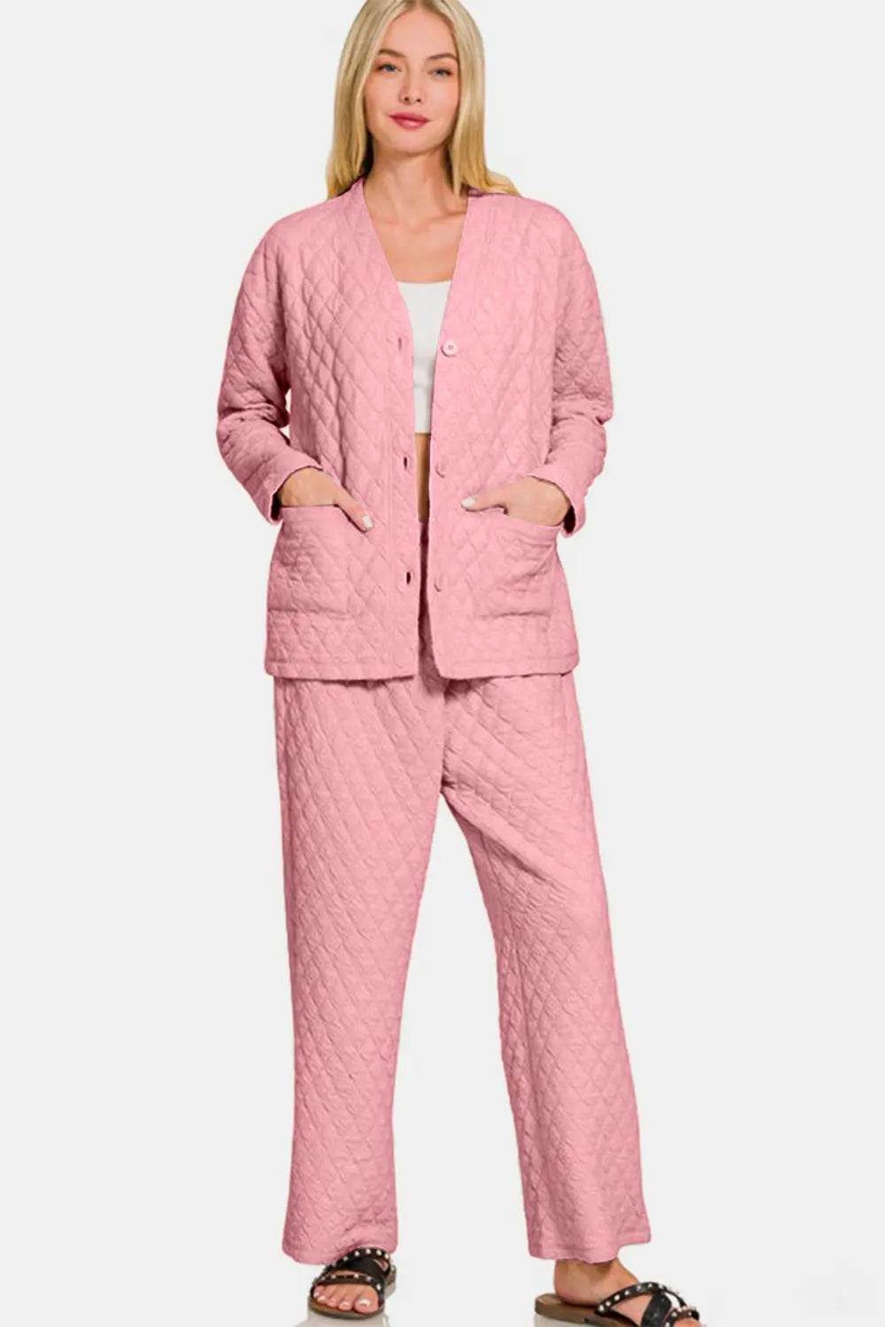 Zenana Quilted Button Up Long Sleeve Top and Pants Lounge Set - Velveta Studio