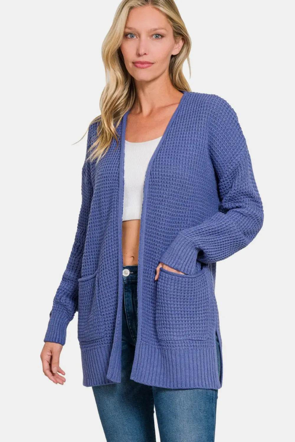 Zenana Waffle Open Front Sweater Cardigan - Velveta Studio