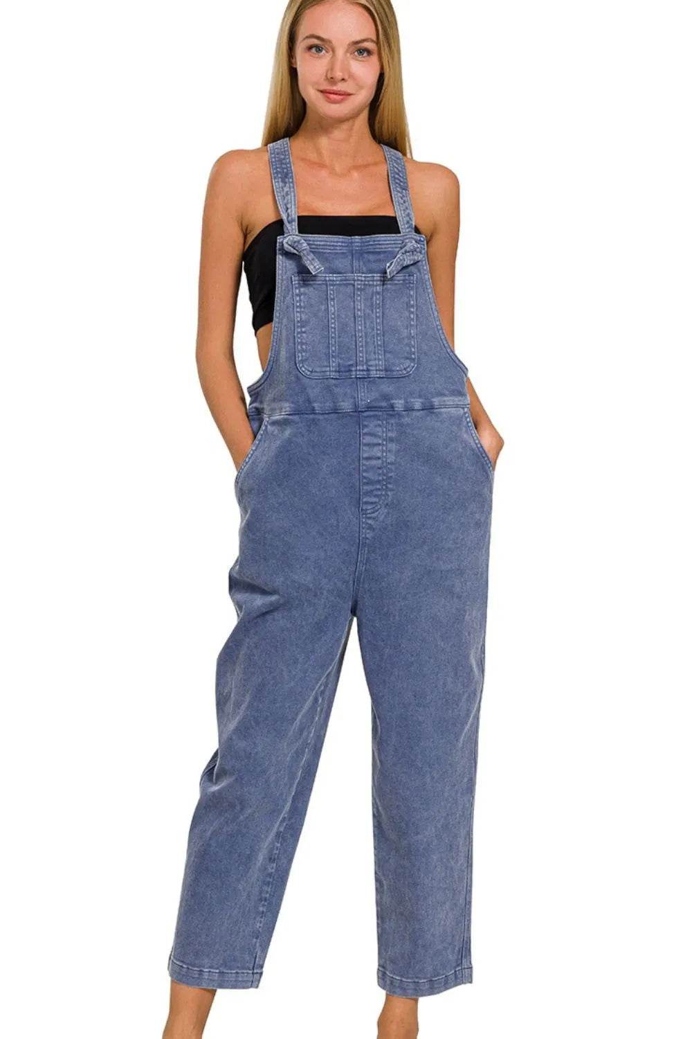 Washed Knot Strap Relaxed Fit Overalls - Blackberry - Velveta Studio