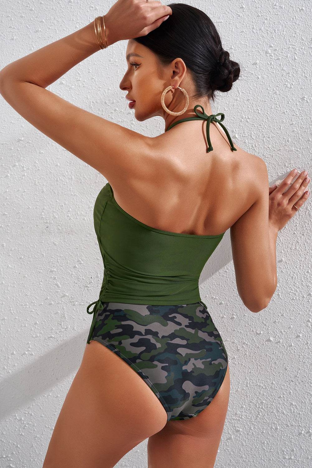 Drawstring Ruched Halter Neck Swim Top and Camouflage Bottoms Set - Velveta Studio