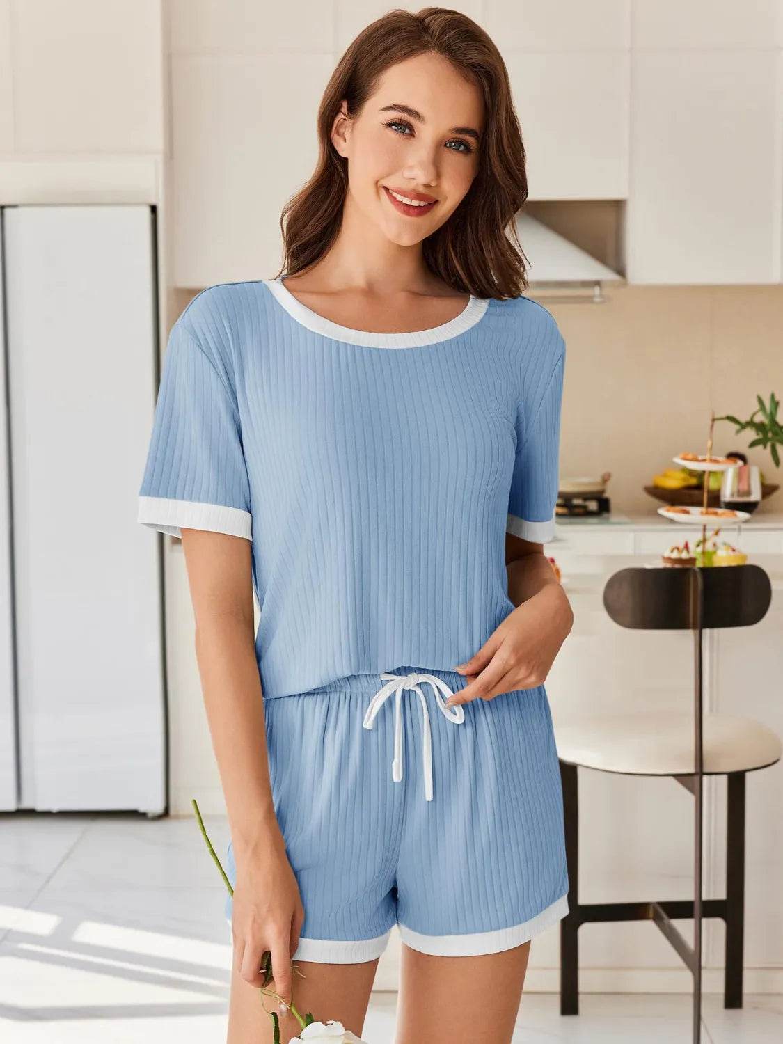 Ribbed Round Neck Top and Shorts Set - Velveta Studio