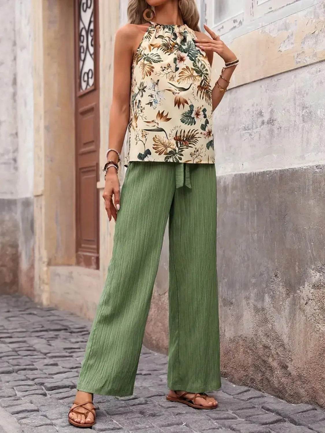 Printed Tank Top and Wide Leg Pants Set - Velveta Studio
