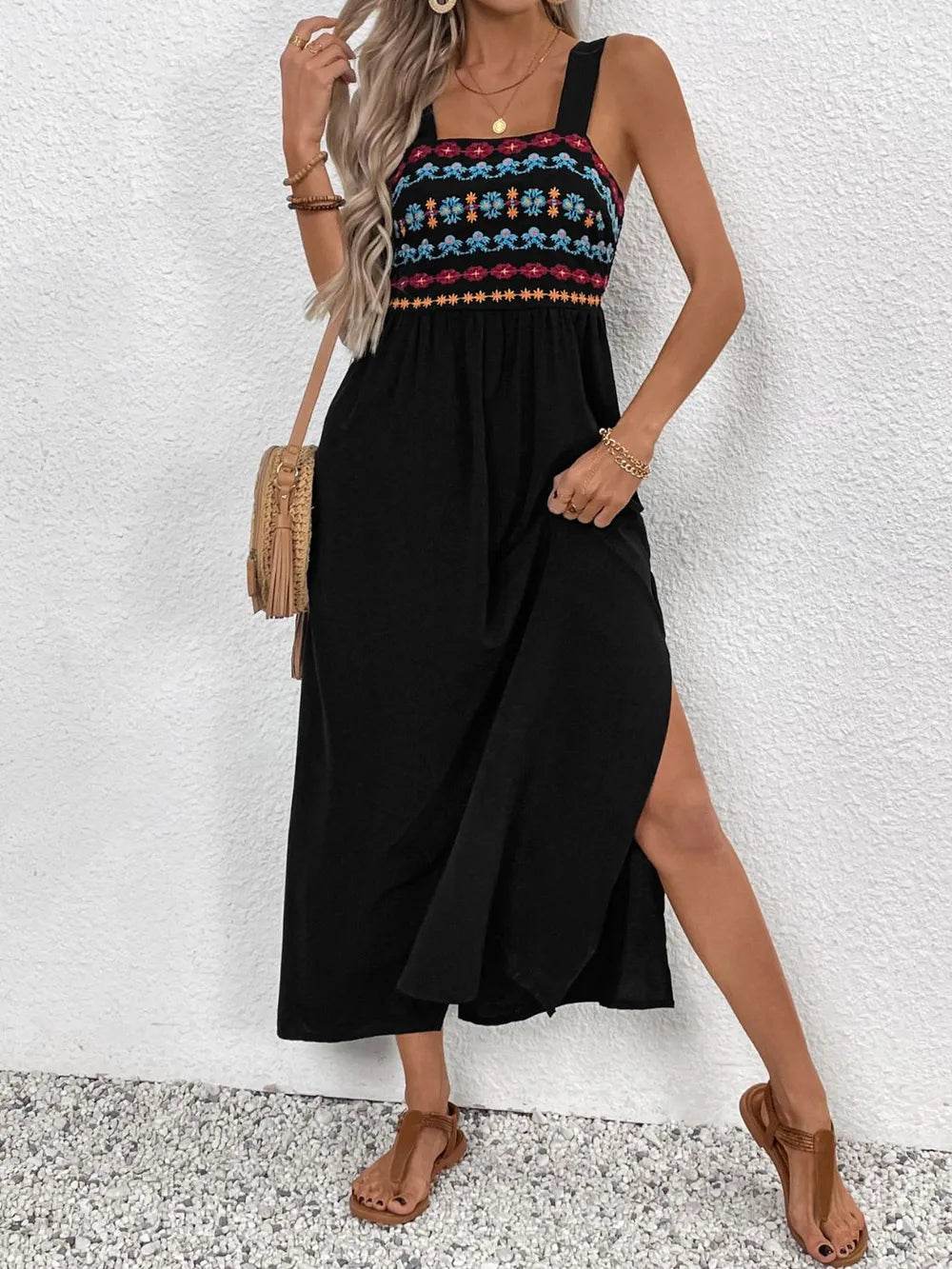 Perfee Embroidered Floral Side Slit Sleeveless Midi Dress - Velveta Studio