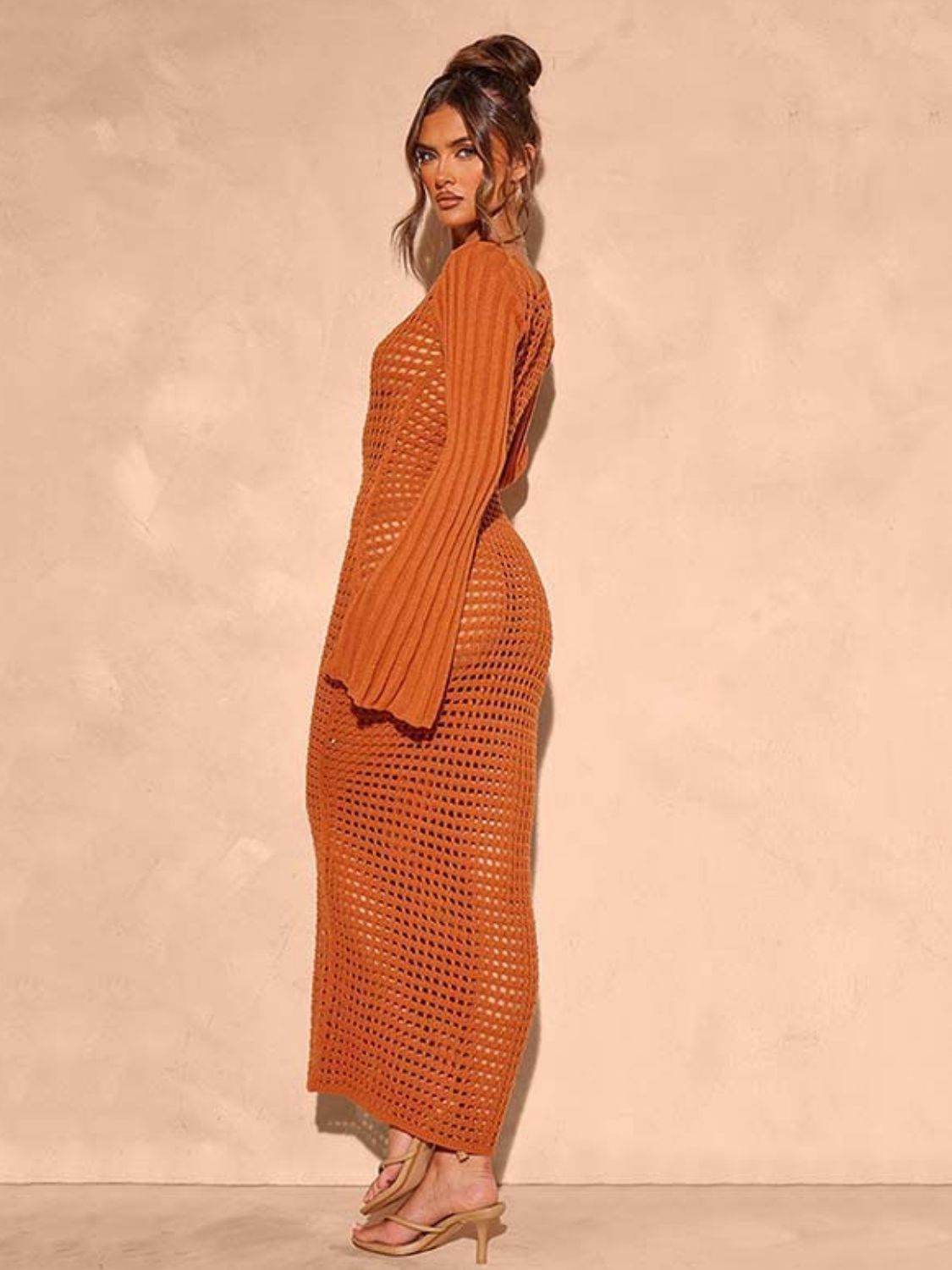 Openwork Square Neck Flare Sleeve Cover-Up Dress - Velveta Studio