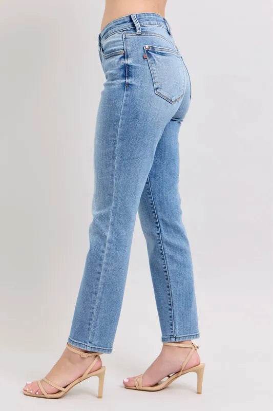 Mid Rise Vintage Wash Slim Jeans with Cell Phone Pocket Plus Size - Velveta Studio