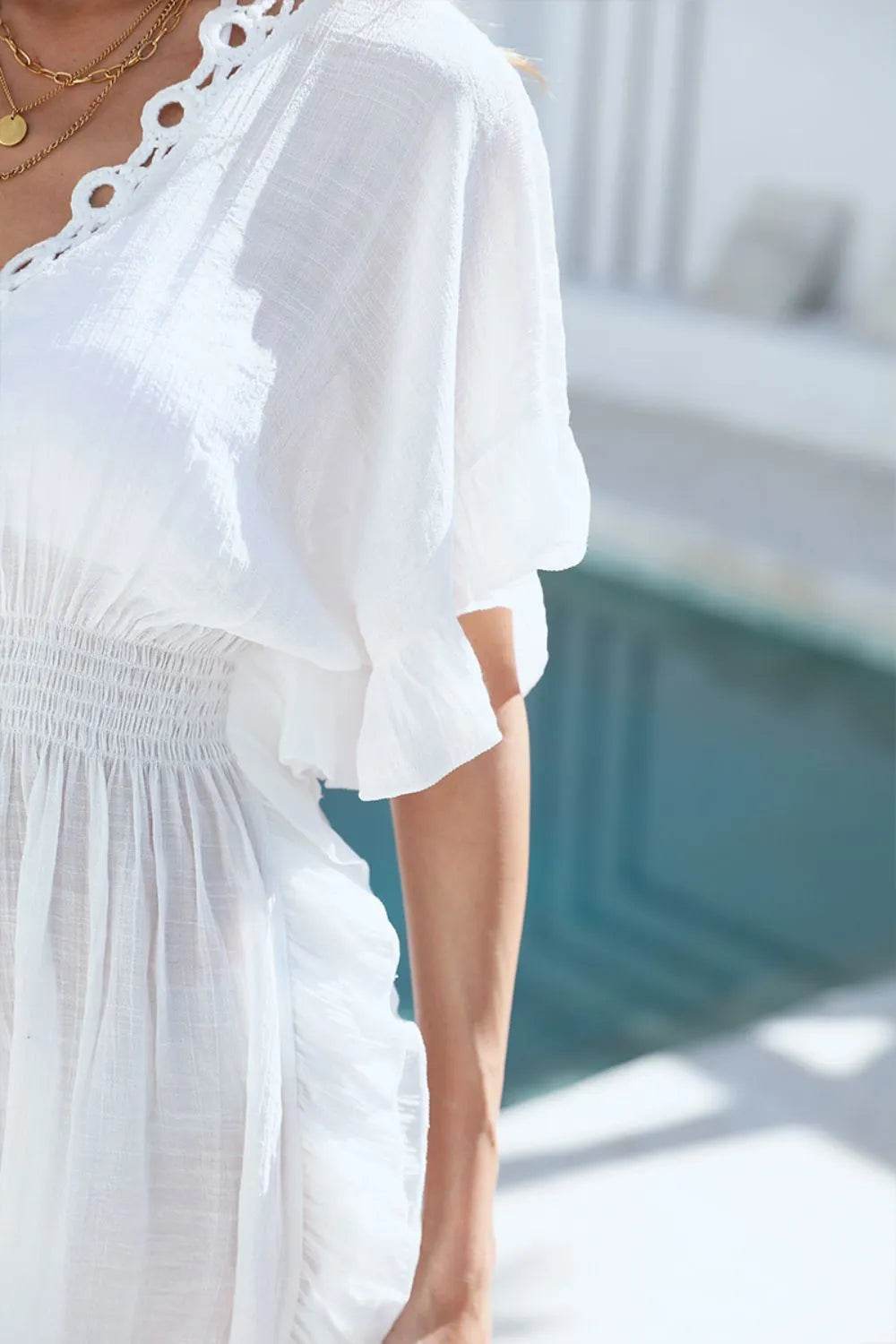 Ruffled Smocked Waist V-Neck Cover-Up - Velveta Studio
