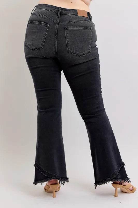 Full Size High Waist Flare W/ Mock Fray Tulip Hem Plus Size - Velveta Studio