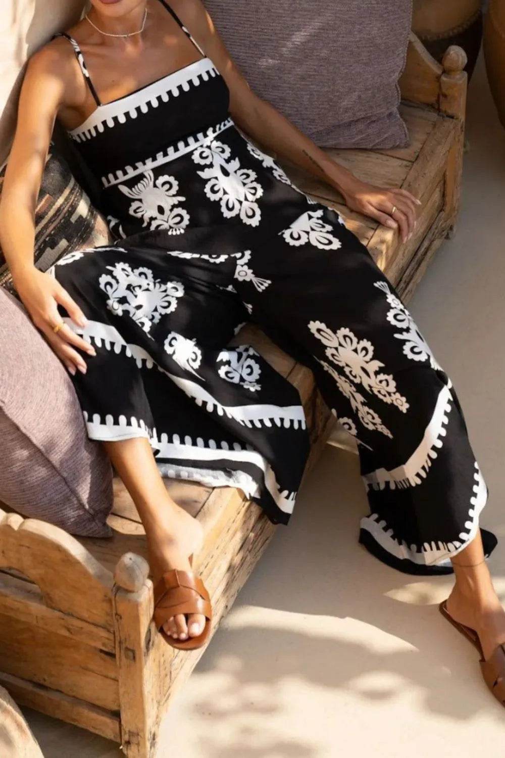 Printed Square Neck Cami and Wide Leg Pants Set - Velveta Studio