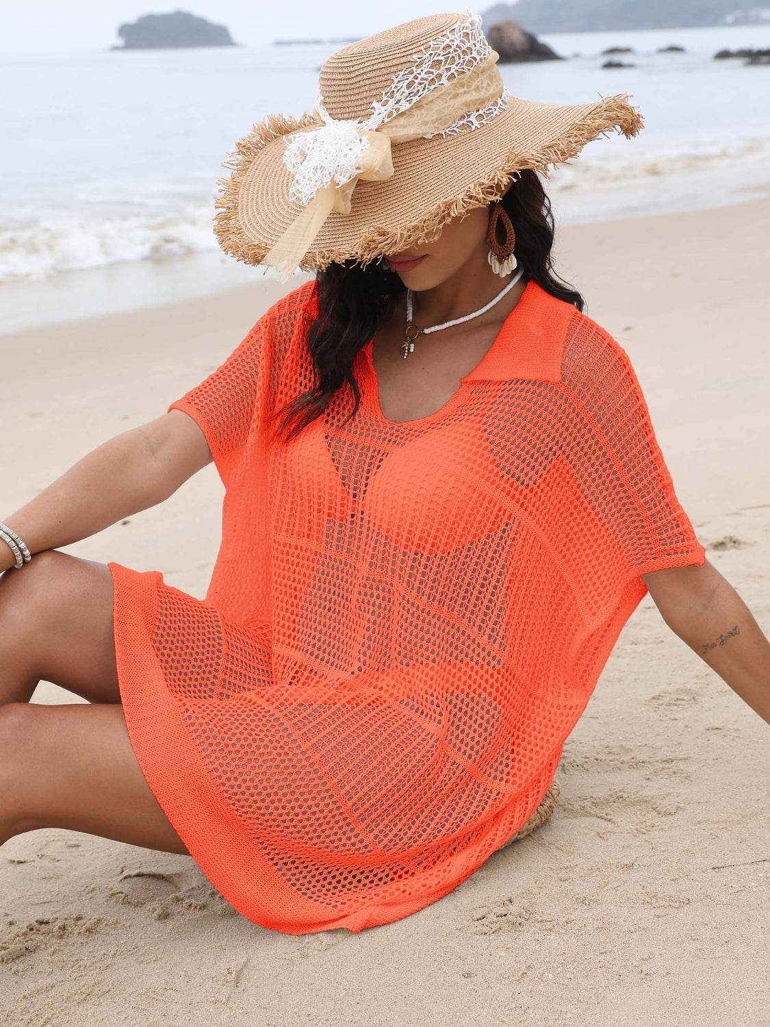 Hollow Out Collared Neck Cover-Up - Velveta Studio