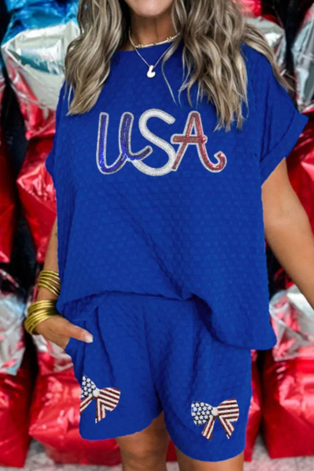 Textured Sequined USA Top and Bowknot Shorts Set - Velveta Studio