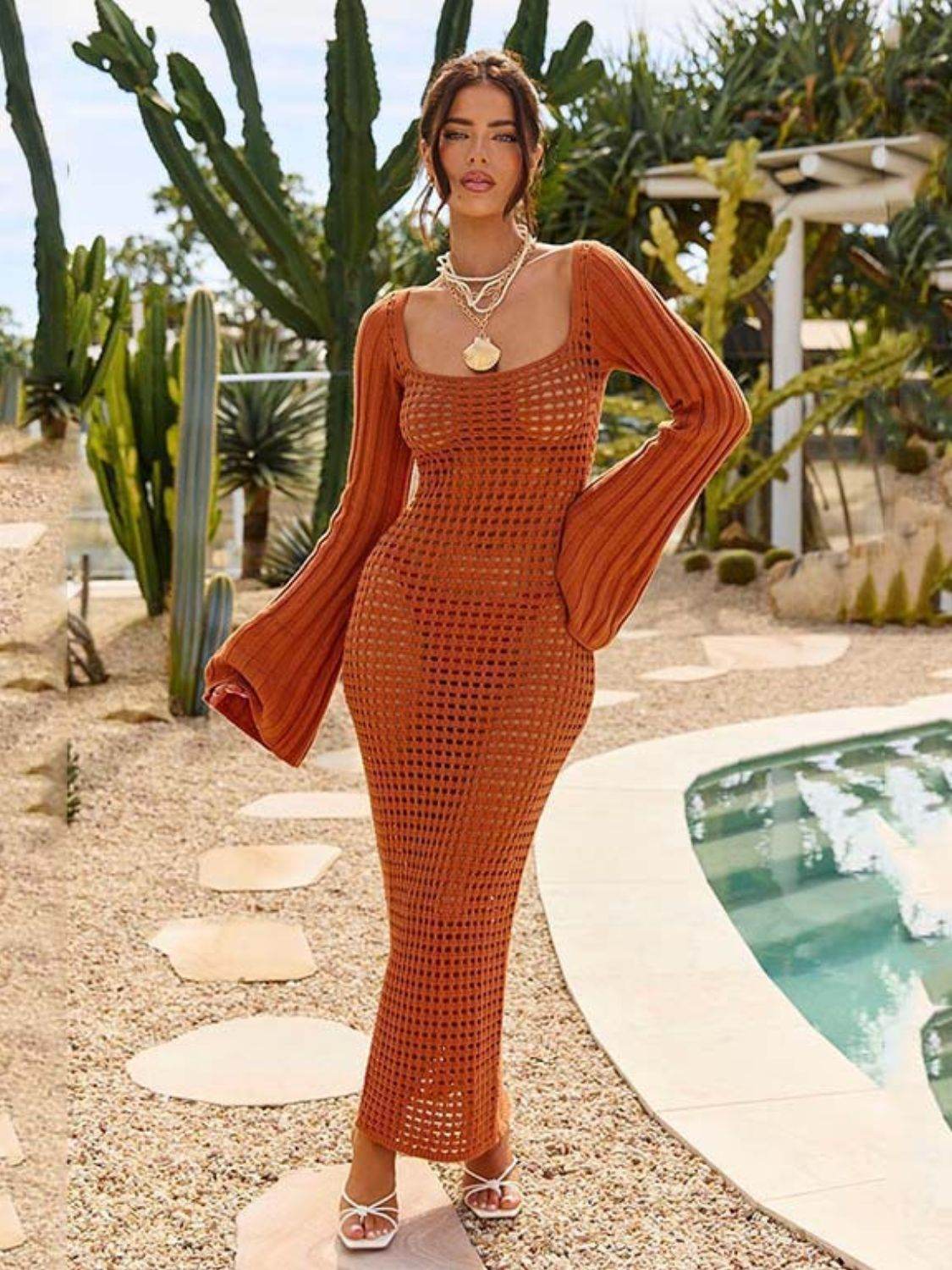Openwork Square Neck Flare Sleeve Cover-Up Dress - Velveta Studio