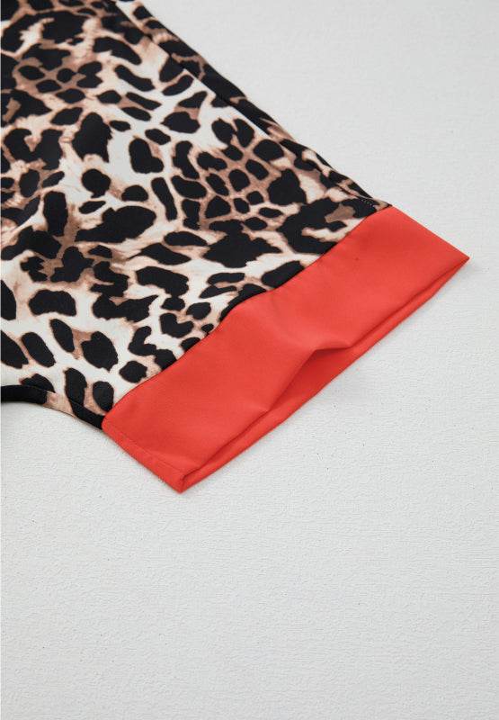 Contrast Trim Leopard Round Neck Top and Pants Lounge Set - Velveta Studio