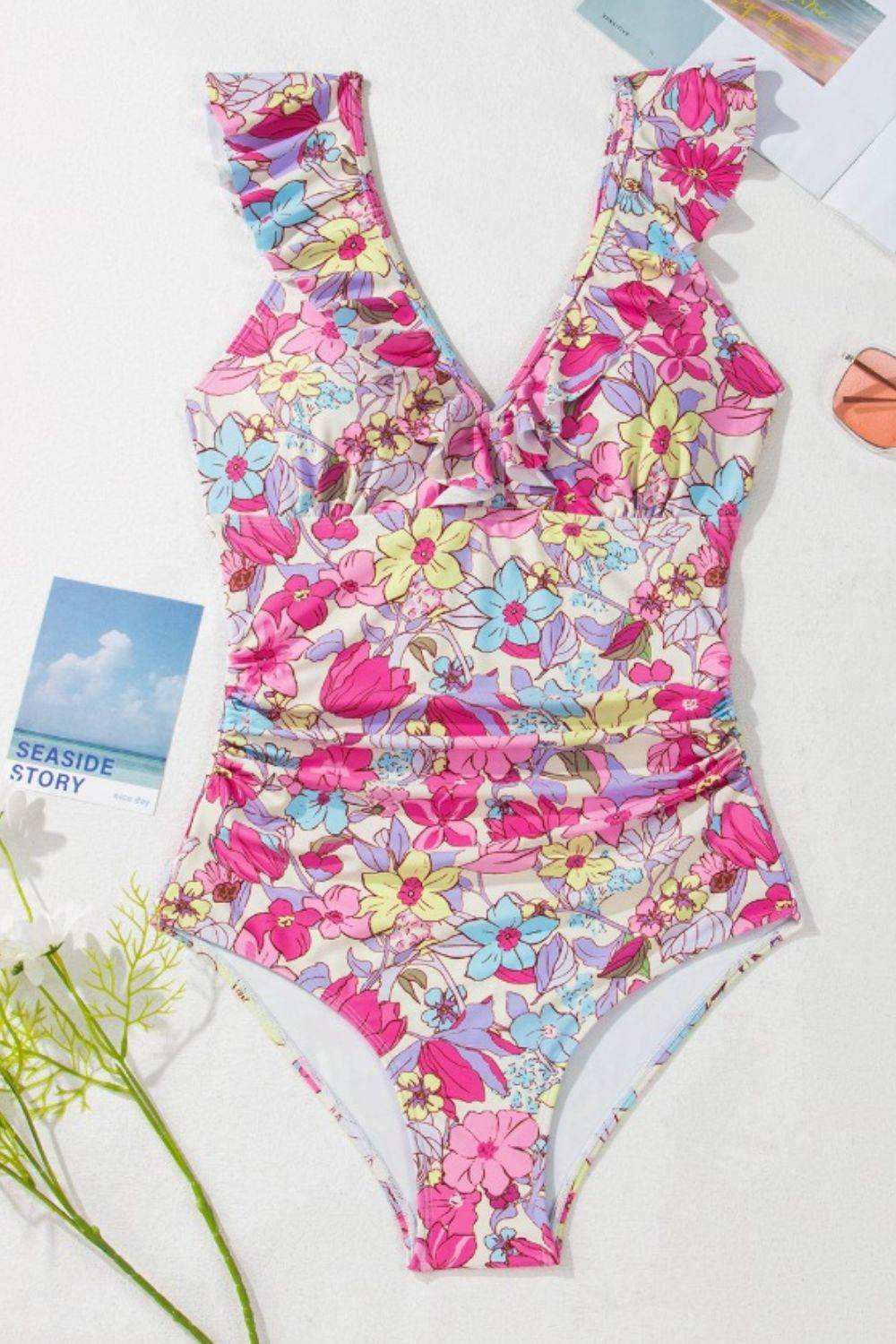 Floral Ruffle Trim Tummy Control One Piece Swimsuit - Velveta Studio