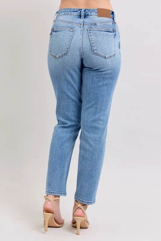 Mid Rise Vintage Wash Slim Jeans with Cell Phone Pocket Plus Size - Velveta Studio