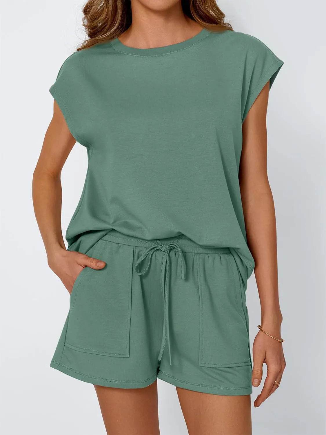 Round Neck Cap Sleeve Top and Shorts Set - Velveta Studio