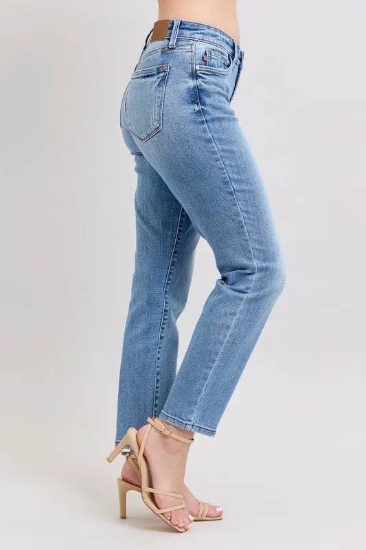 Mid Rise Vintage Wash Slim Jeans with Cell Phone Pocket Plus Size - Velveta Studio