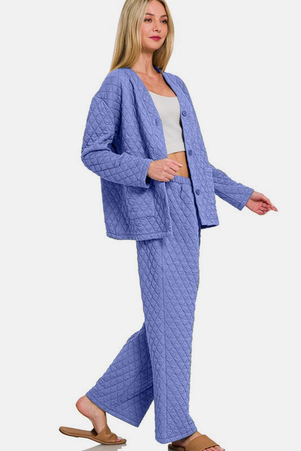 Zenana Quilted Button Up Long Sleeve Top and Pants Lounge Set - Velveta Studio