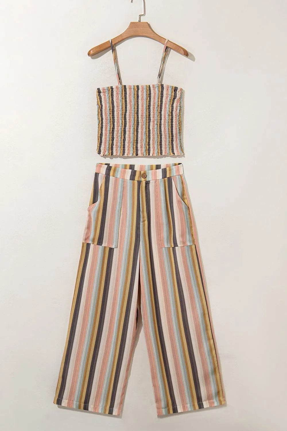 Striped Smocked Cami Top and Wide Leg Pants Set - Velveta Studio