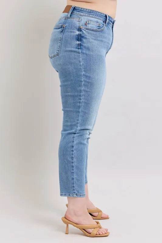 Mid Rise Vintage Wash Slim Jeans with Cell Phone Pocket Plus Size - Velveta Studio
