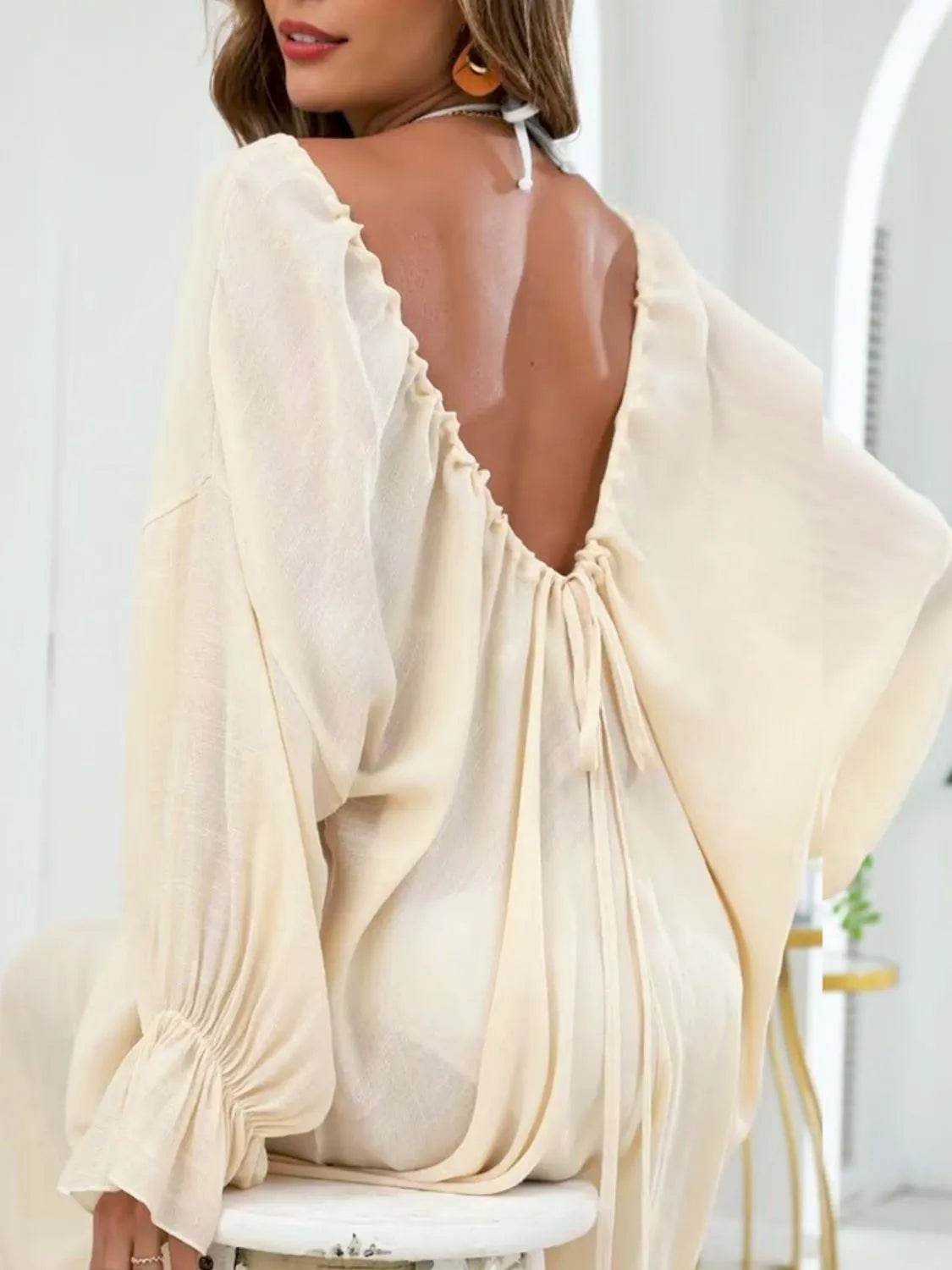 Backless Drawstring Back Flounce Sleeve Cover-Up - Velveta Studio