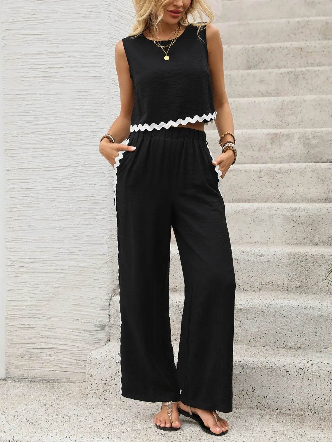 Round Neck Sleeveless Top and Pants Set - Velveta Studio