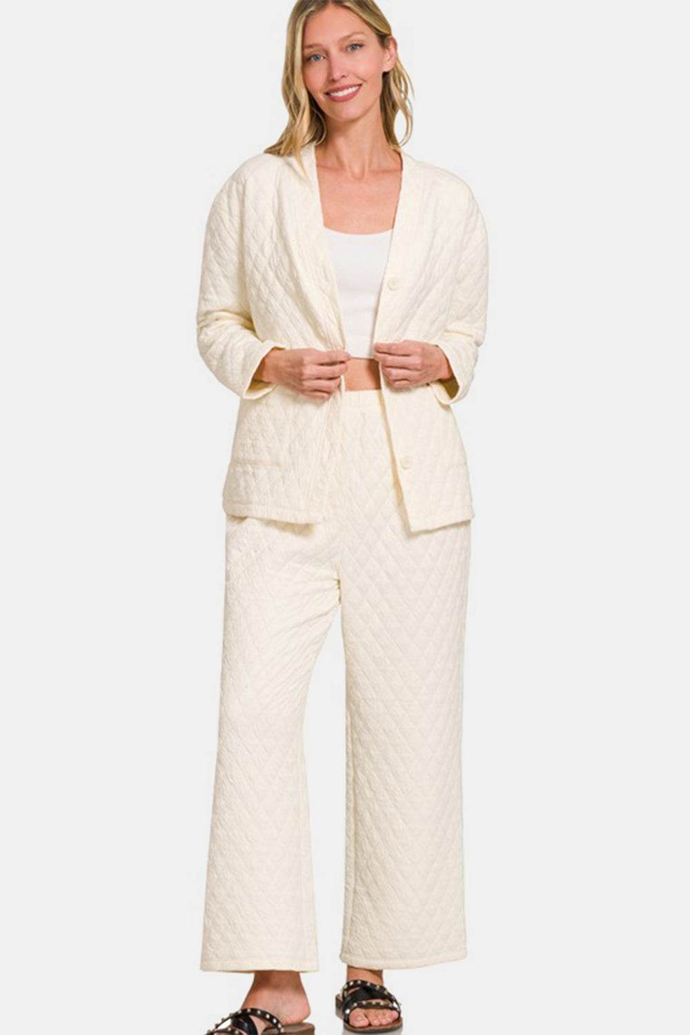 Zenana Quilted Button Up Long Sleeve Top and Pants Lounge Set - Velveta Studio