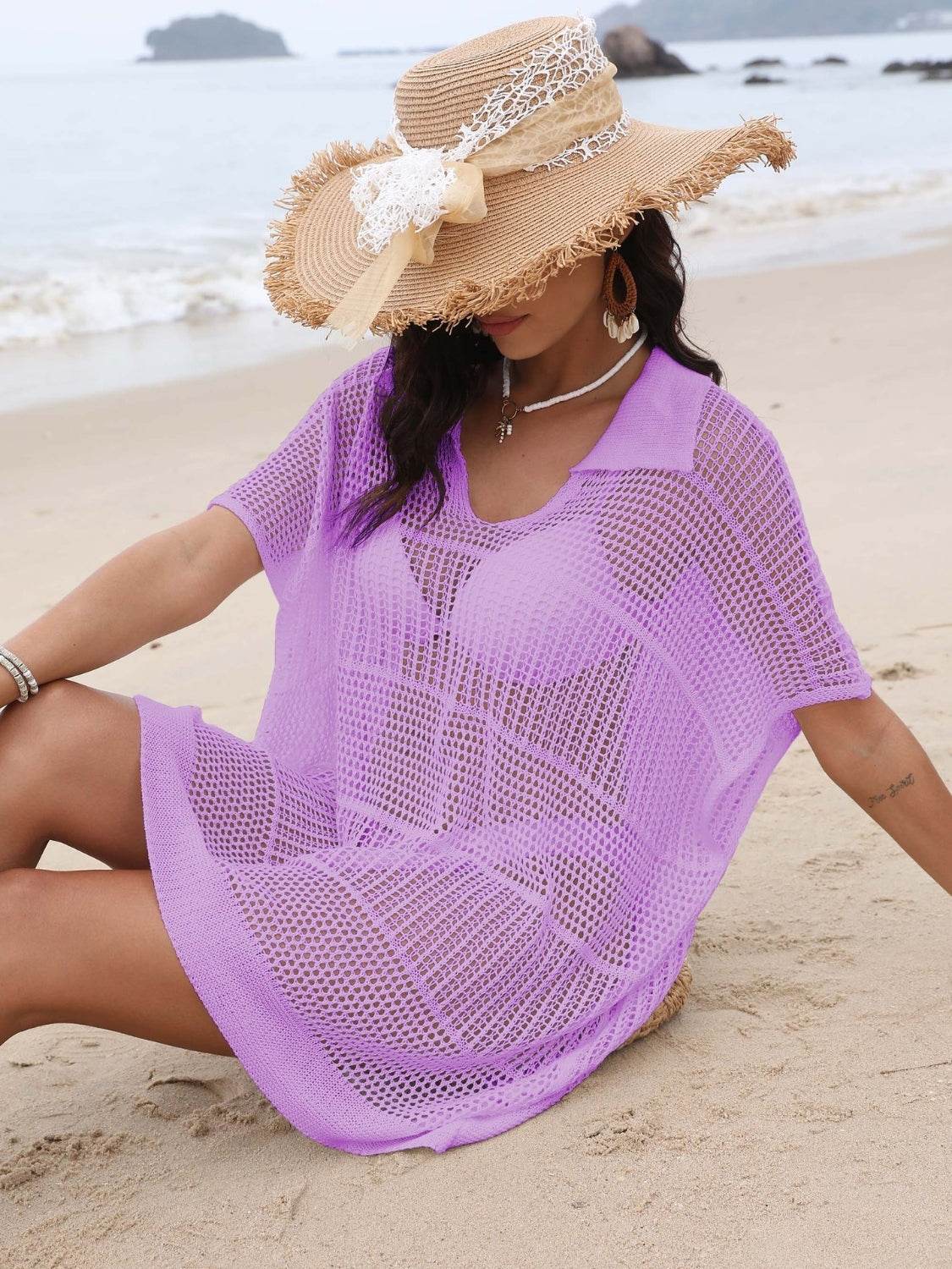 Hollow Out Collared Neck Cover-Up - Velveta Studio
