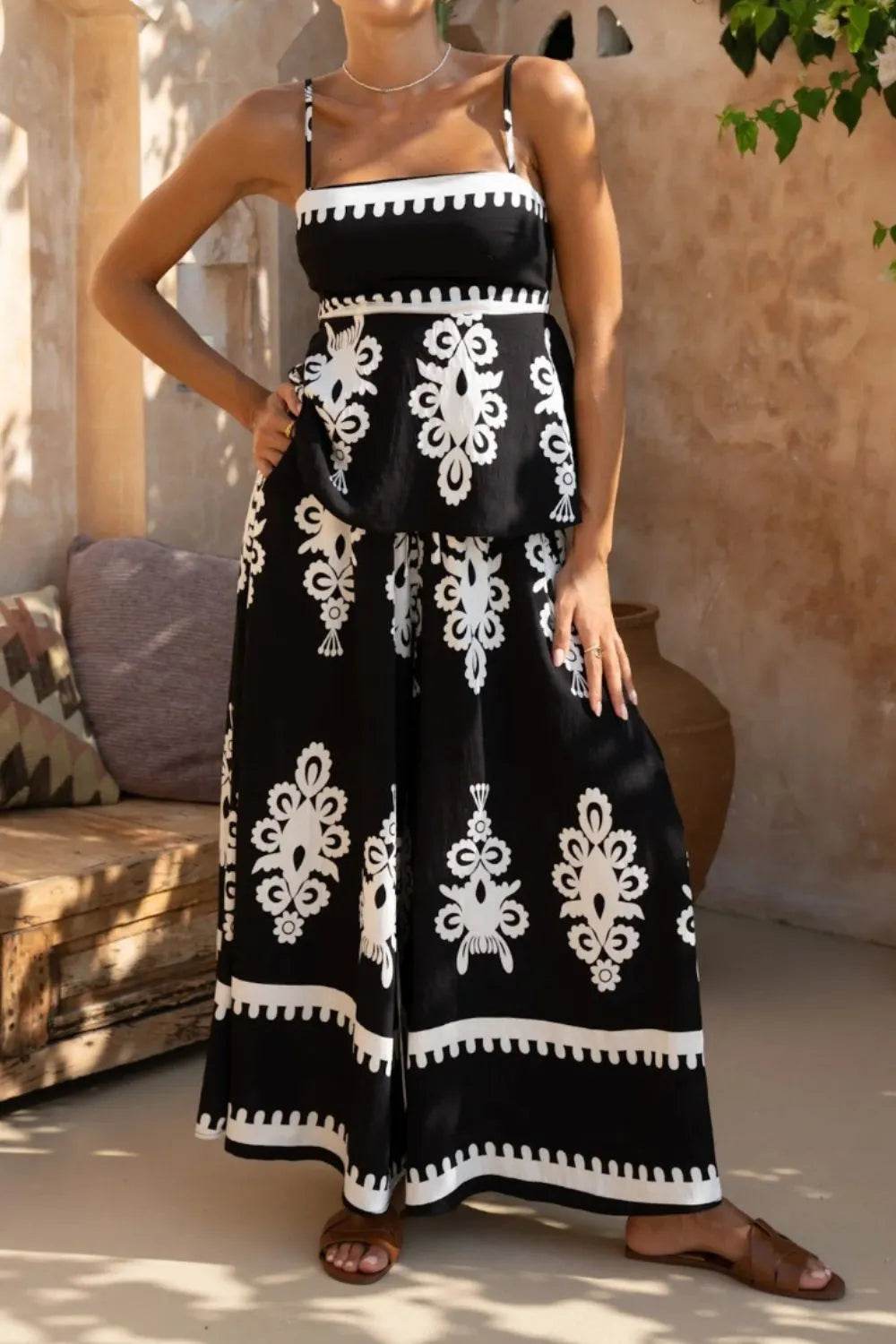 Printed Square Neck Cami and Wide Leg Pants Set - Velveta Studio