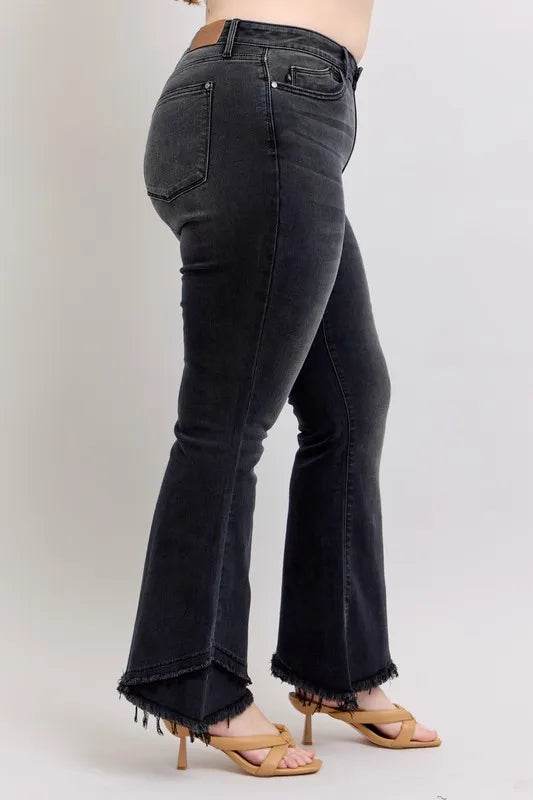 Full Size High Waist Flare W/ Mock Fray Tulip Hem Plus Size - Velveta Studio