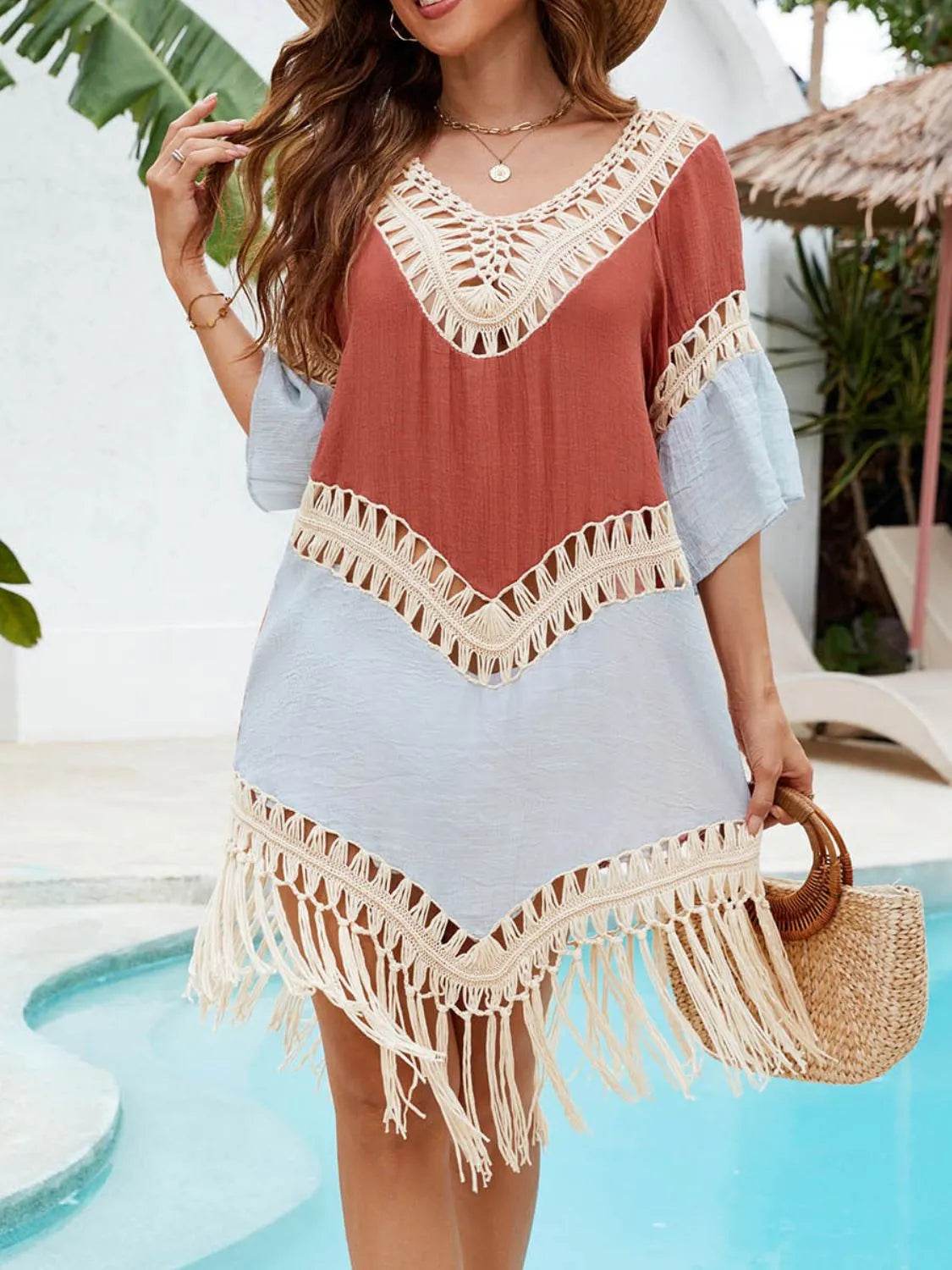 Backless Tassel Hem V-Neck Cover-Up - Velveta Studio