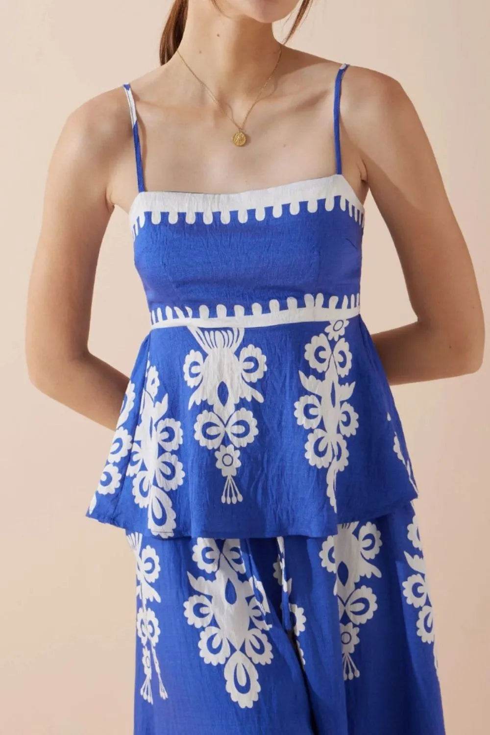 Printed Square Neck Cami and Wide Leg Pants Set - Velveta Studio