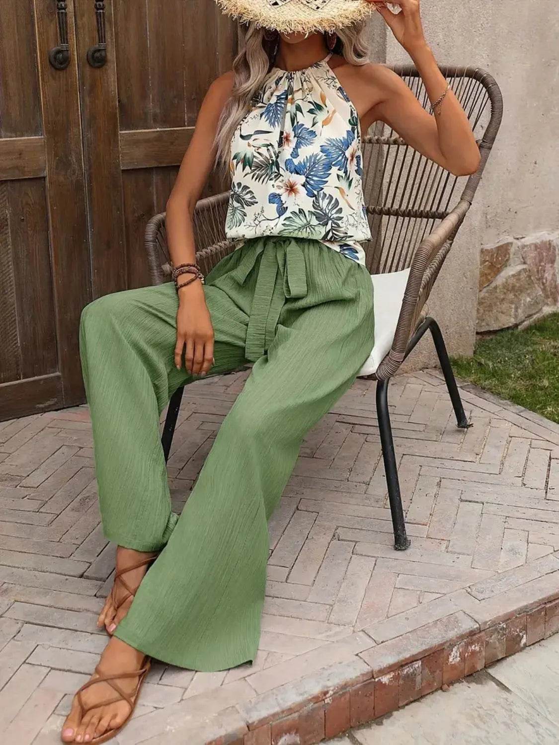 Printed Tank Top and Wide Leg Pants Set - Velveta Studio