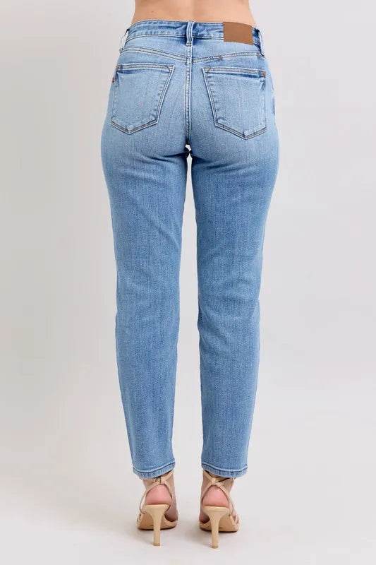 Mid Rise Vintage Wash Slim Jeans with Cell Phone Pocket Plus Size - Velveta Studio