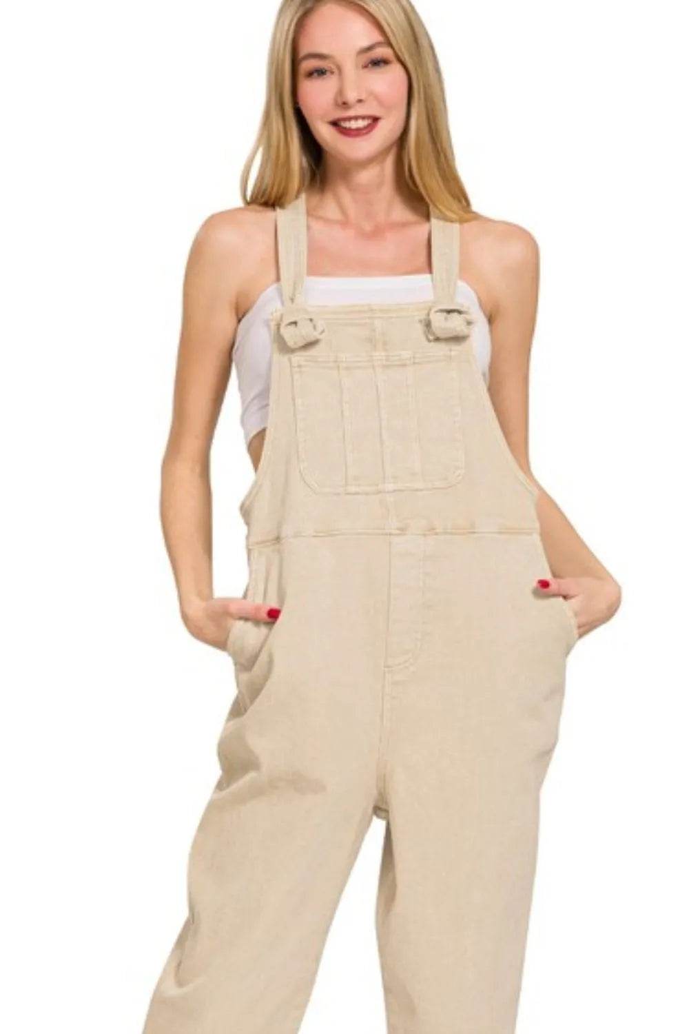 Washed Knot Strap Relaxed Fit Overalls - Sand Beige - Velveta Studio