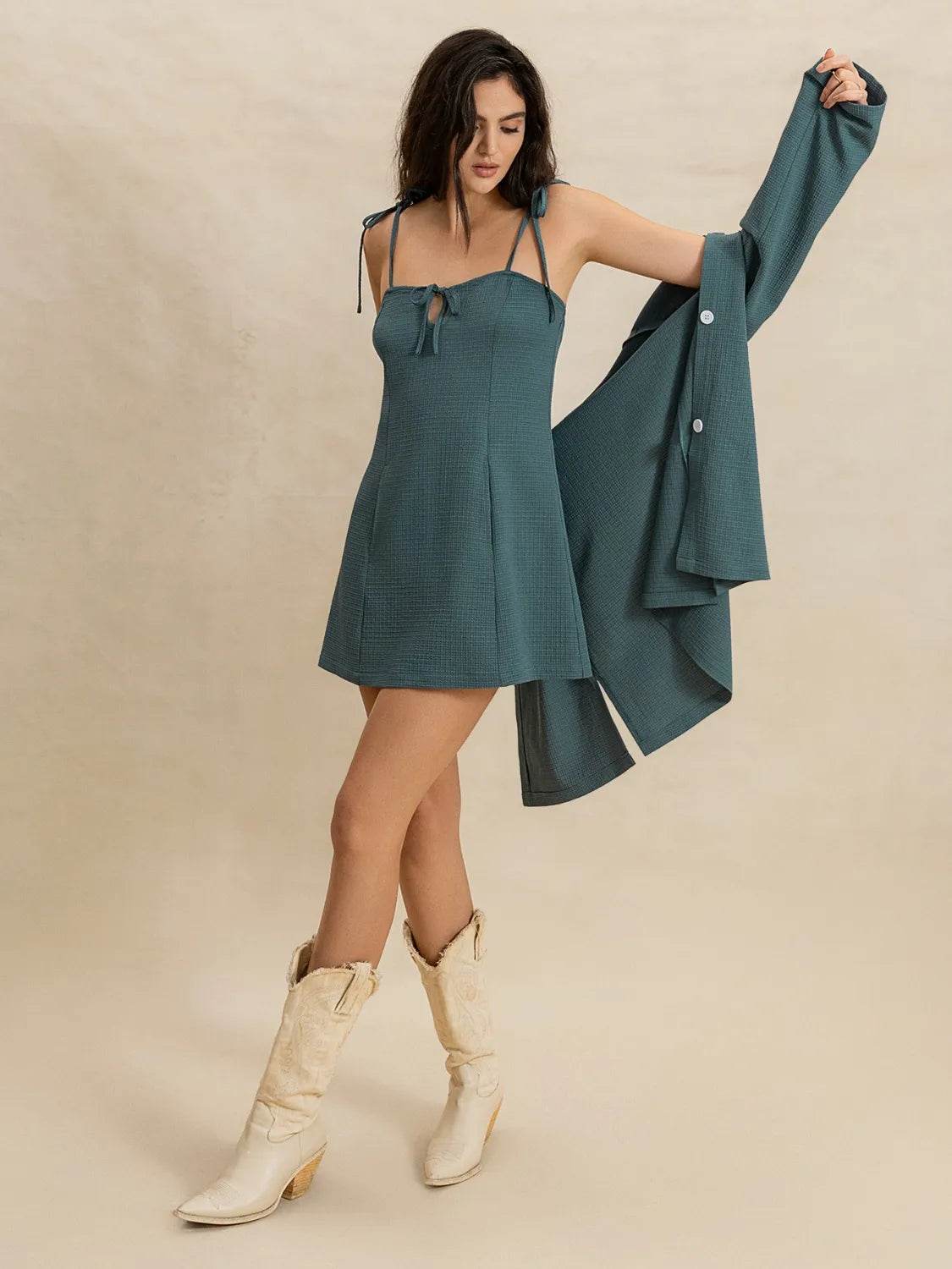 Tie Shoulder Mini Dress and Long Sleeve Top Set - Velveta Studio