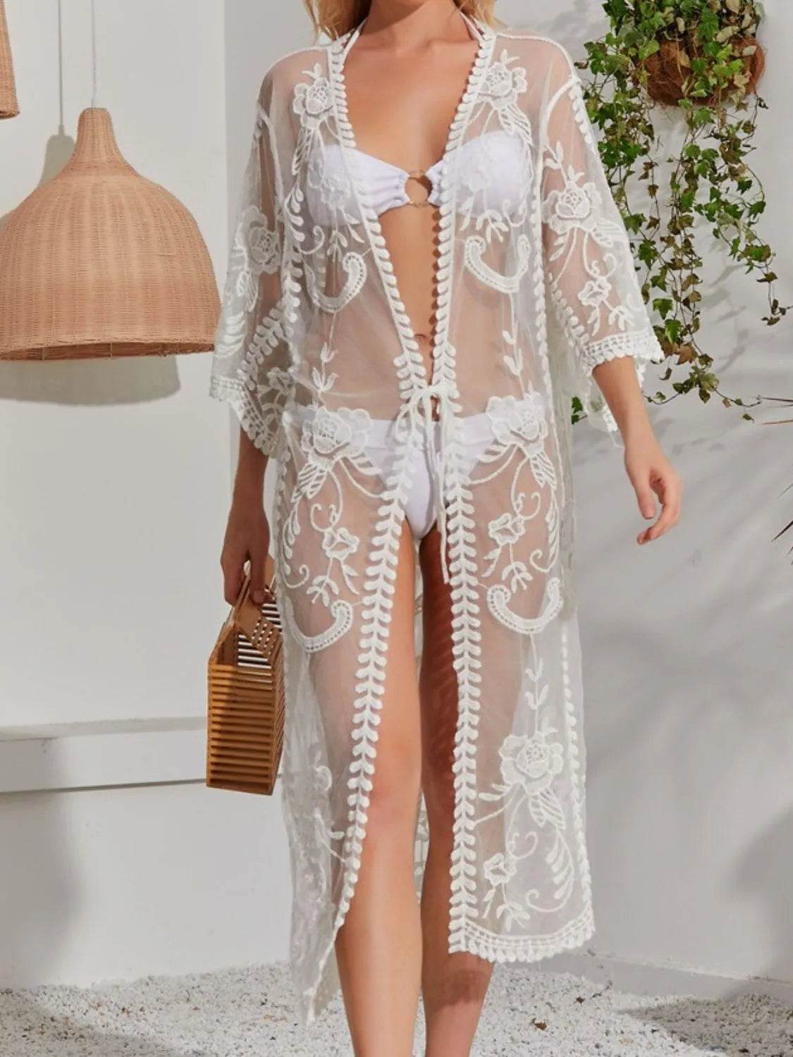 Lace Detail Open Front Longline Cover-Up - Velveta Studio