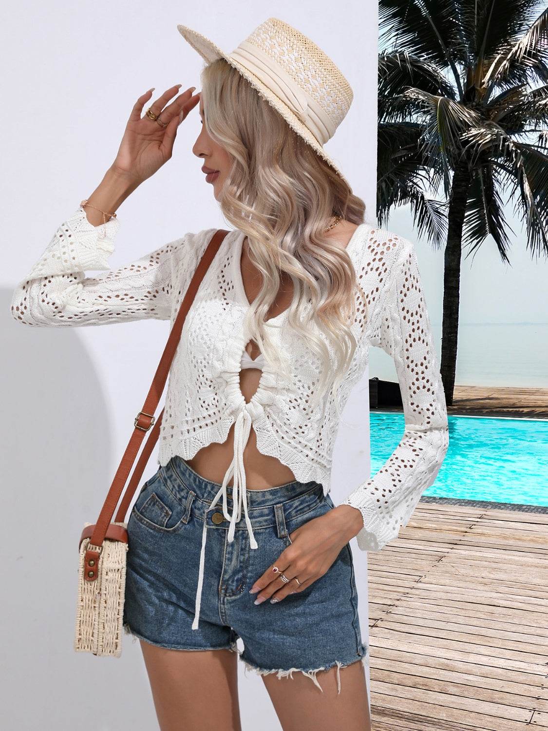 Openwork Drawstring V-Neck Long Sleeve Cover-Up - Velveta Studio