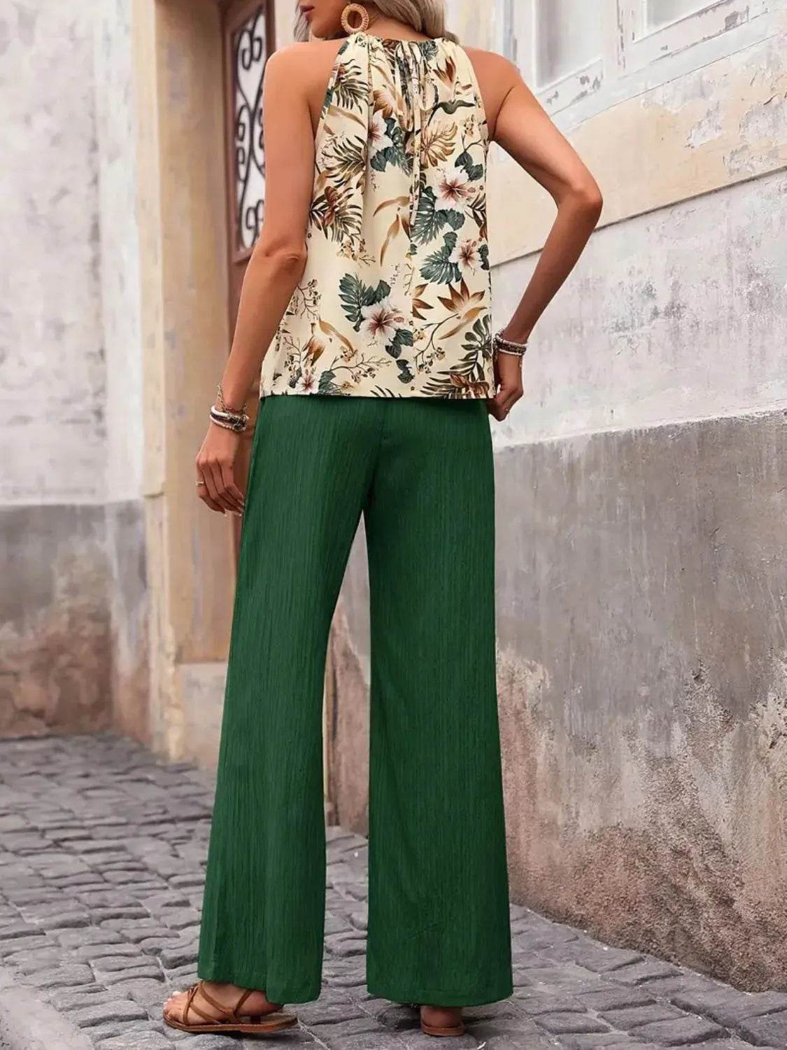 Printed Tank Top and Wide Leg Pants Set - Velveta Studio