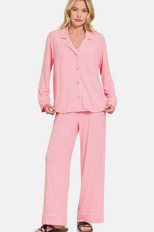 Zenana Button Down Long Sleeve Top and Pants Lounge Set - Velveta Studio