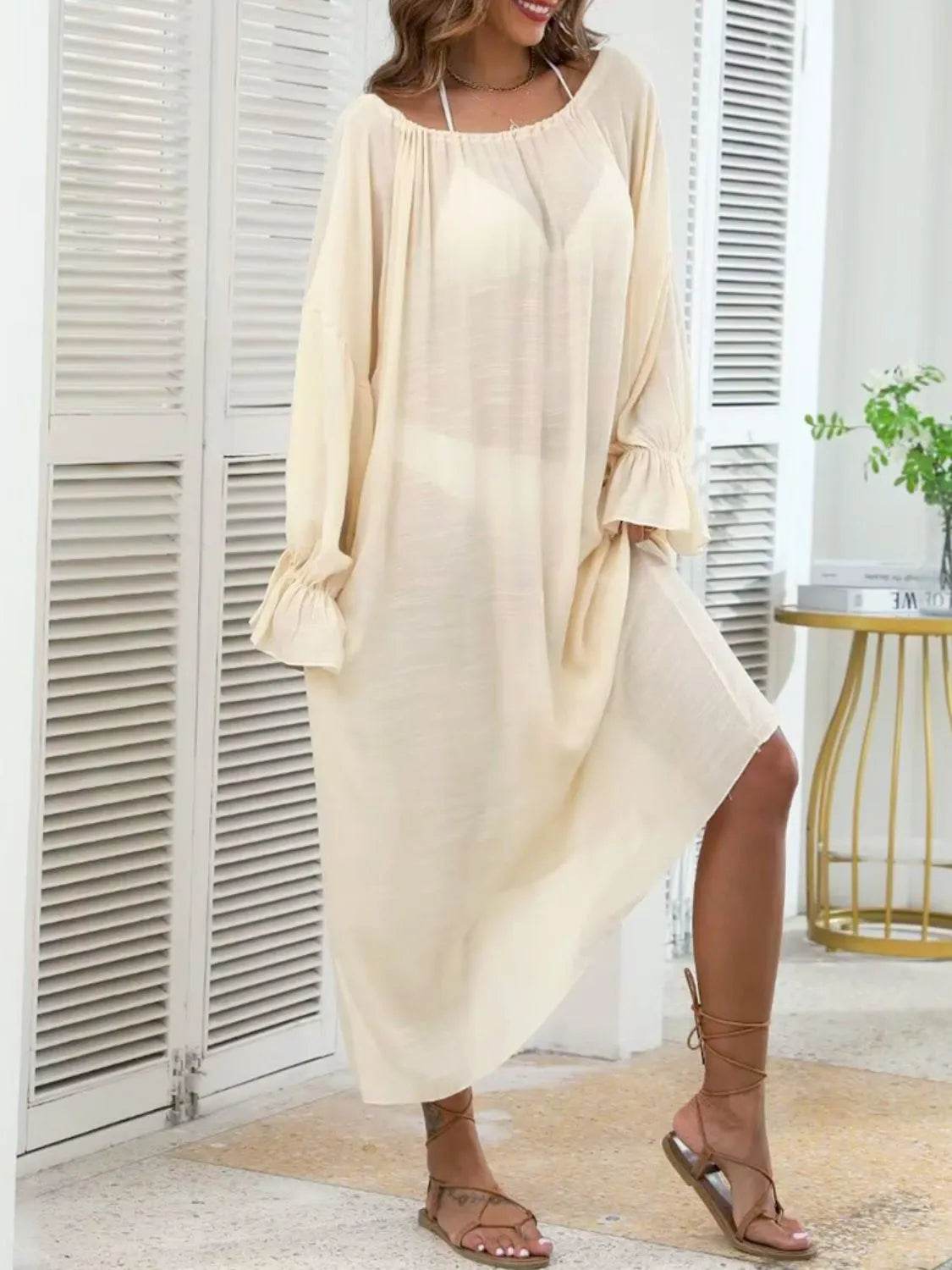 Backless Drawstring Back Flounce Sleeve Cover-Up - Velveta Studio