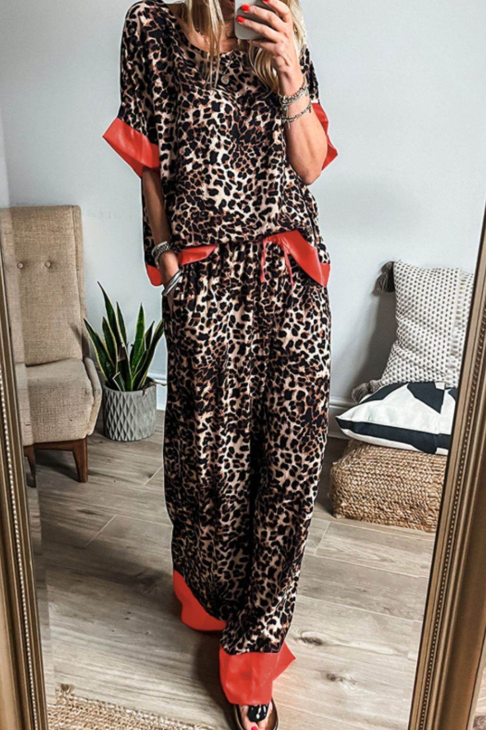 Contrast Trim Leopard Round Neck Top and Pants Lounge Set - Velveta Studio