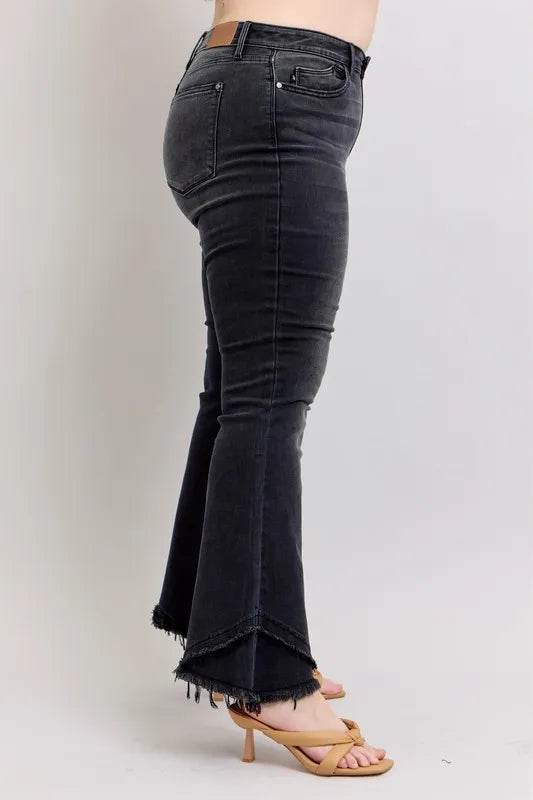 Full Size High Waist Flare W/ Mock Fray Tulip Hem Plus Size - Velveta Studio