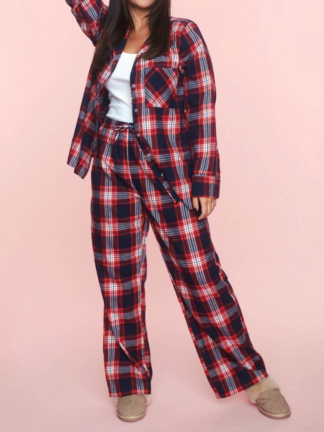 Plaid Collared Neck Button Up Top and Pants Lounge Set - Velveta Studio